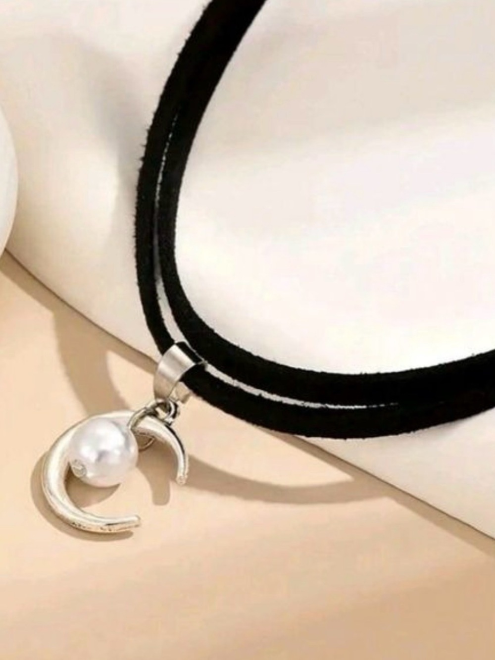 Black Velvet Choker Necklace with Crescent Moon & Pearl Pendant